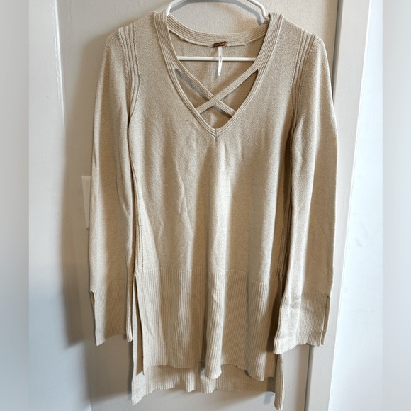 Free People Andi Woven Criss Cross Long Sleeve Tunic Small Tan Linen Blend - Picture 3 of 10